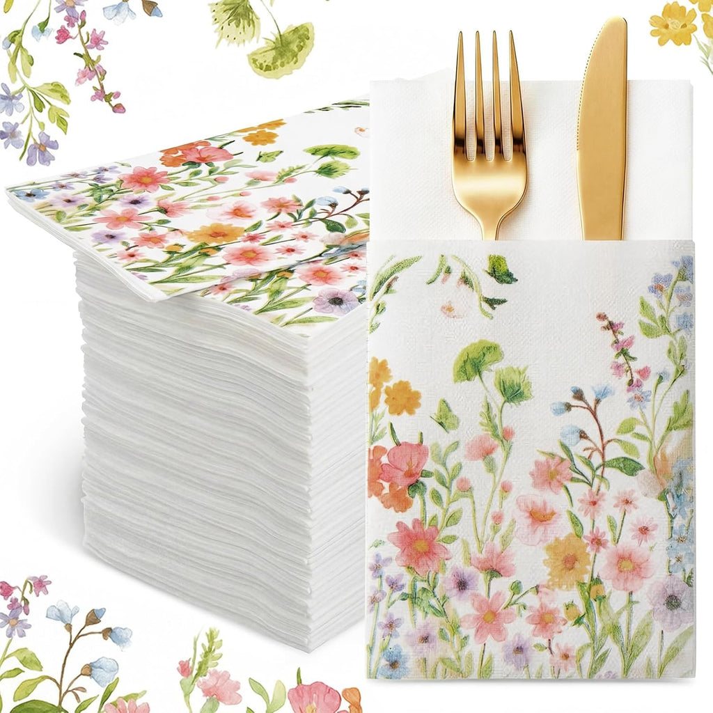 Potchen 100 Linen Feel Napkins Disposable Cloth Like Napkins Prefolded Hand Towel with Built-in Flatware Pocket Cocktail Hand Towel for Wedding Bridal Shower Supplies(100 Pcs,Wildflower)