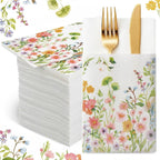 Potchen 100 Linen Feel Napkins Disposable Cloth Like Napkins Prefolded Hand Towel with Built-in Flatware Pocket Cocktail Hand Towel for Wedding Bridal Shower Supplies(100 Pcs,Wildflower)