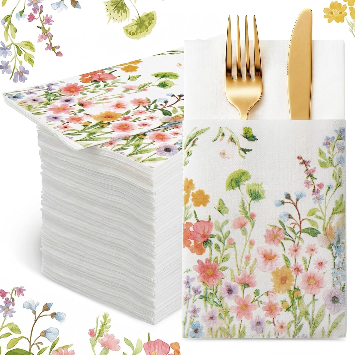 100 Count Linen Feel Wildflower Napkins Spring Flower Disposable Cloth Like Napkins Prefolded Floral Hand Towel with Built-in Flatware Pocket Cocktail Napkin for Wedding Baby Shower Supplies