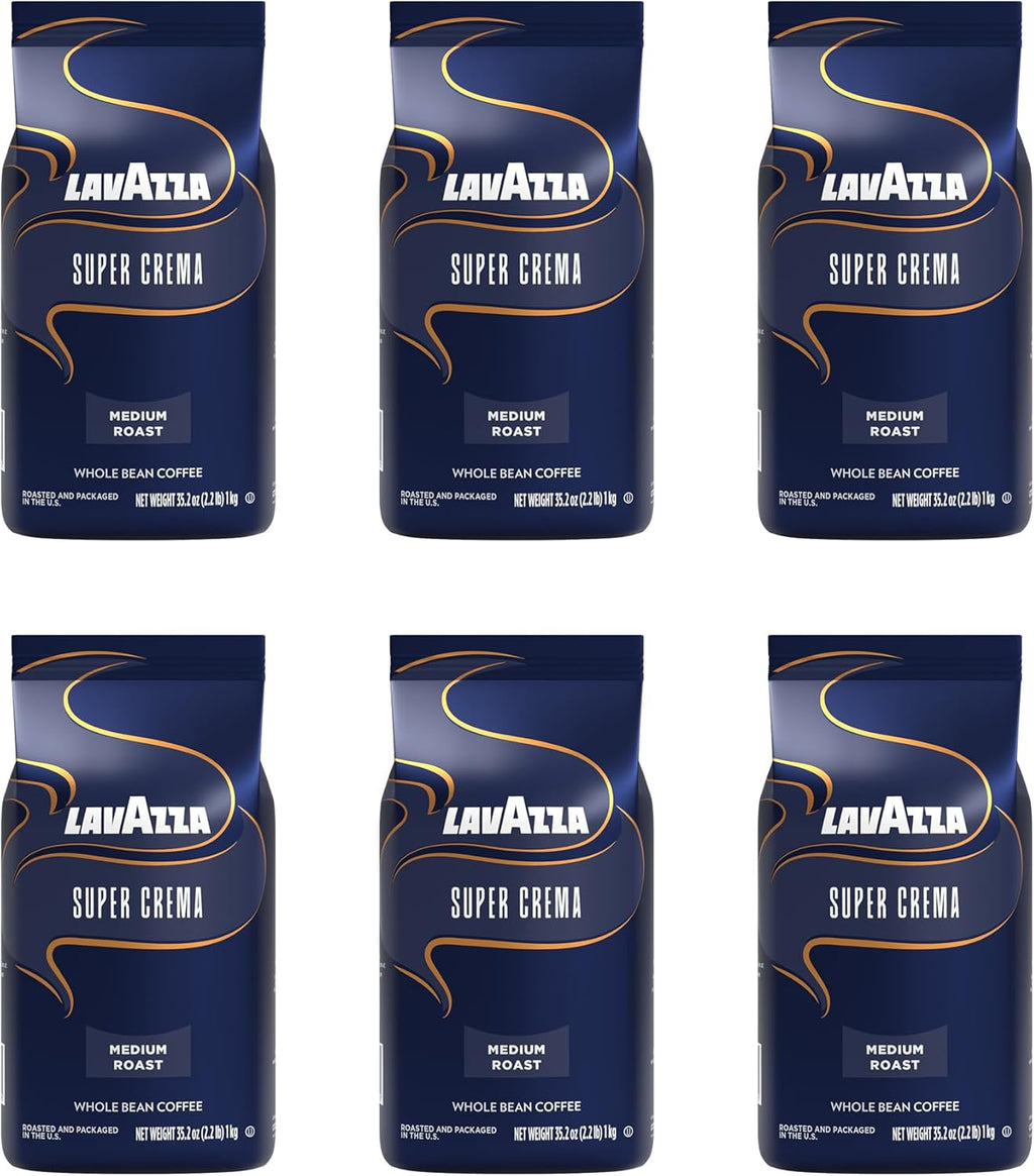 Lavazza Super Crema Whole Bean Coffee, Medium Espresso Roast, Arabica and Robusta Blend, 2.2 lb Bag (Pack of 6)
