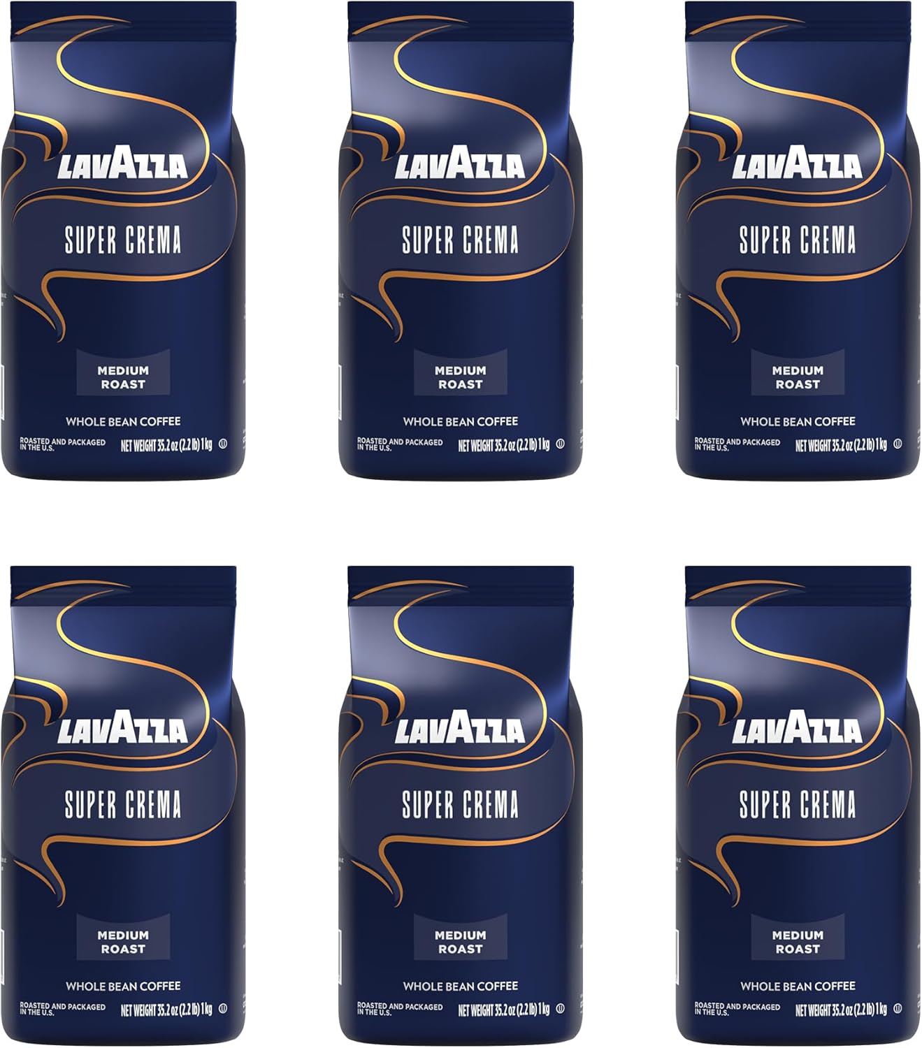 Lavazza Super Crema Whole Bean Coffee, Medium Espresso Roast, Arabica and Robusta Blend, 2.2 lb Bag (Pack of 6)