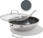 OXO Hybrid 12” Nonstick Wok with Glass Lid, PFAS-Free Ceramic Stir-Fry Pan, Induction & All Cooktop Compatible, Dishwasher Safe, Fusion Boost Tech for Powerful Searing, Mirror Polished Tri-Ply
