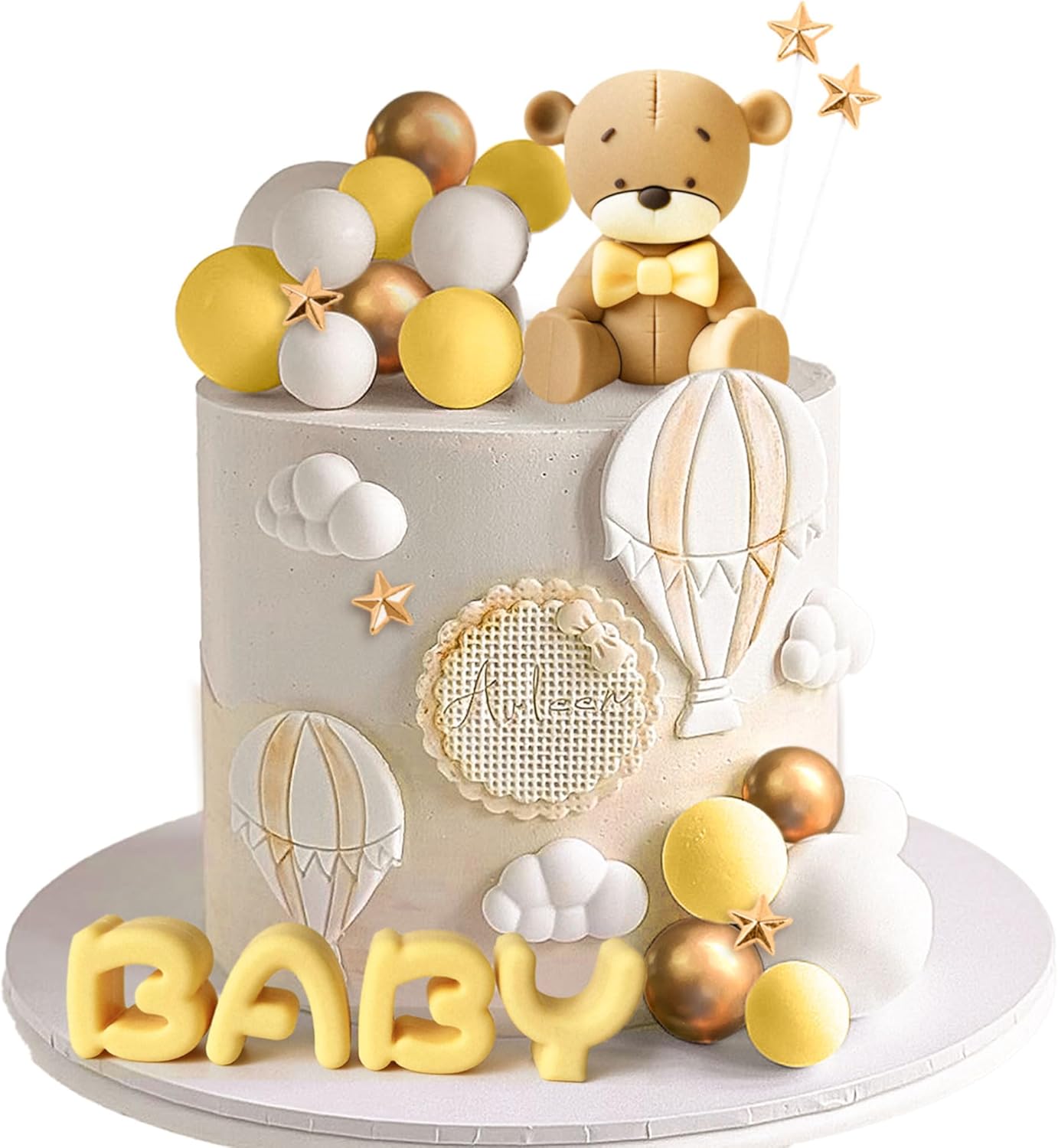 Yellow Baby Shower Cake Decoration Bear Cake Topper Gender Reveal Cake Decoration Green Gold Balls Cake Topper for Baby Shower Birthday Party Decoration
