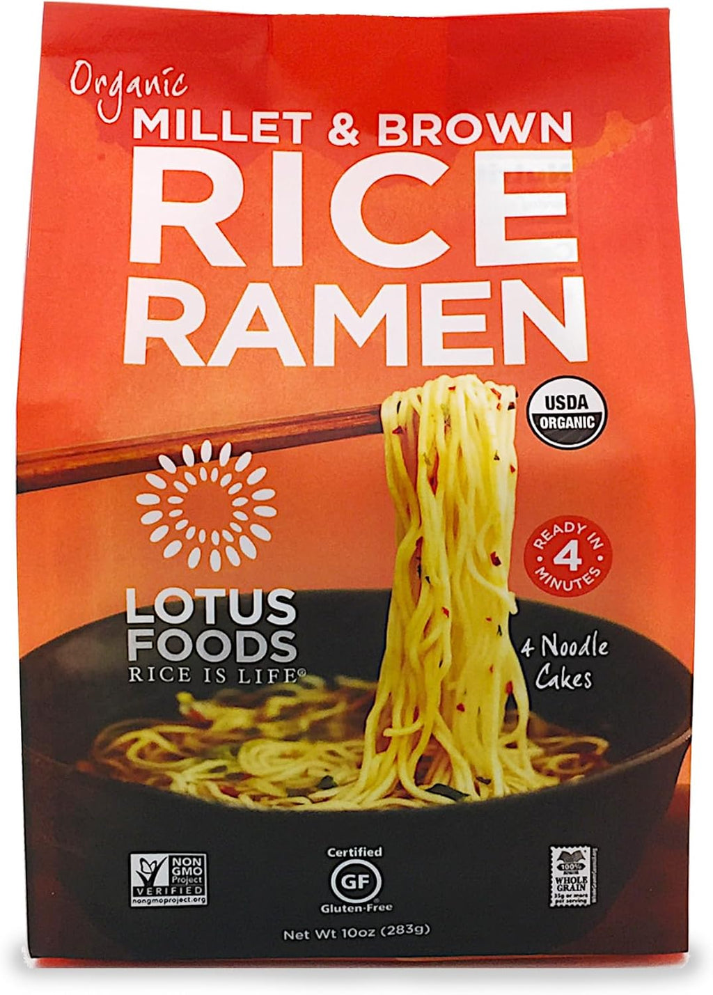 Lotus Foods Organic Millet and Brown Rice Ramen Noodles - Gluten Free Instant Ramen Noodles, Vegan, Low Sodium, Made with Brown Rice Flour and Millet Flour, Ready in 4 Minutes - 10 Oz Bag (Pack of 1)