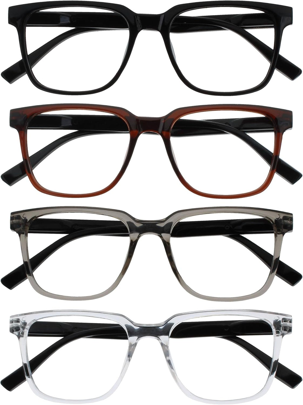 OPULIZE LEO Reading Glasses for Women Men, Large Rectangular Frame with Spring Hinges, Black Brown Grey Clear +1.50 (Pack of 4)