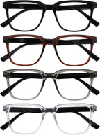 OPULIZE LEO Reading Glasses for Women Men, Large Rectangular Frame with Spring Hinges, Black Brown Grey Clear +1.50 (Pack of 4)