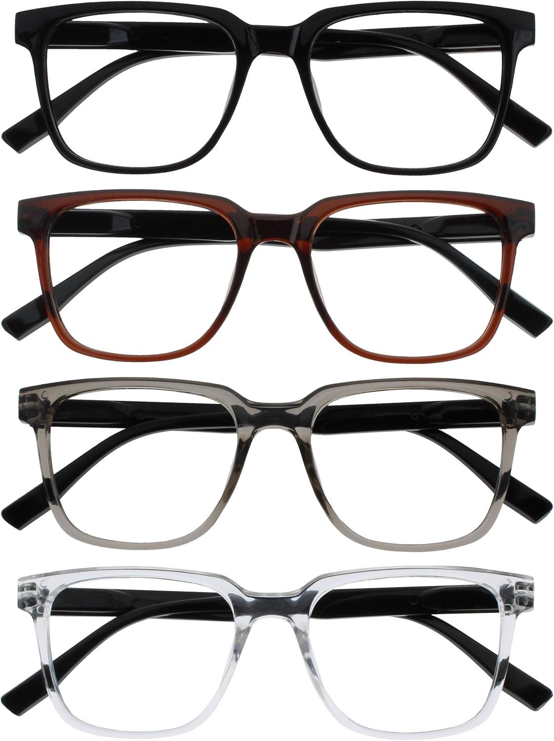OPULIZE LEO Reading Glasses for Women Men, Large Rectangular Frame with Spring Hinges, Black Brown Grey Clear +1.50 (Pack of 4)