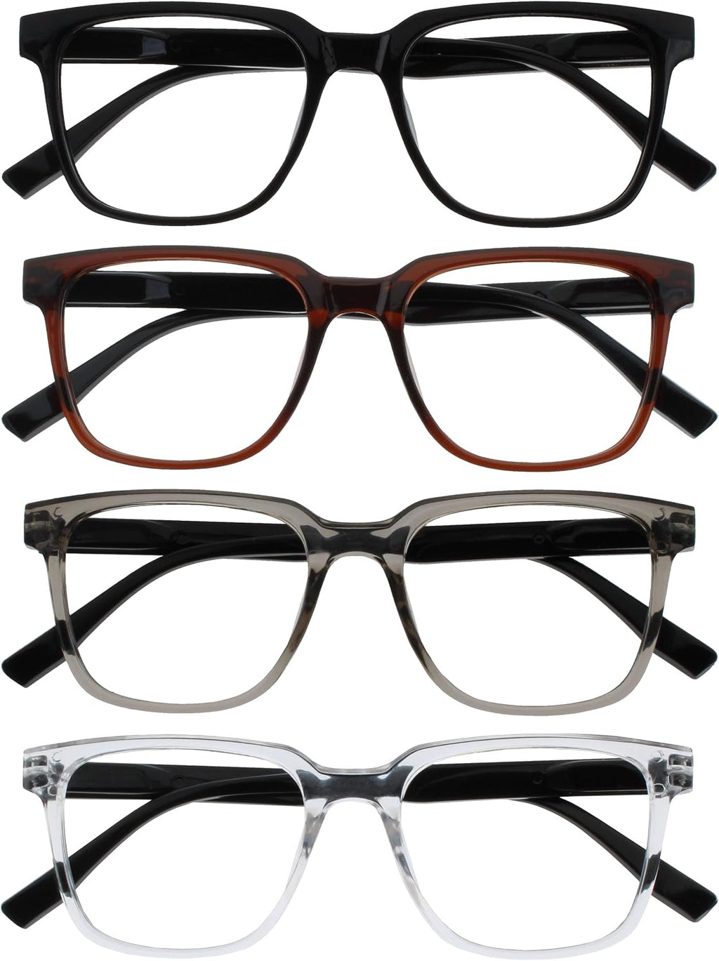 OPULIZE LEO Reading Glasses for Women Men, Large Rectangular Frame with Spring Hinges, Black Brown Grey Clear +2.50 (Pack of 4)