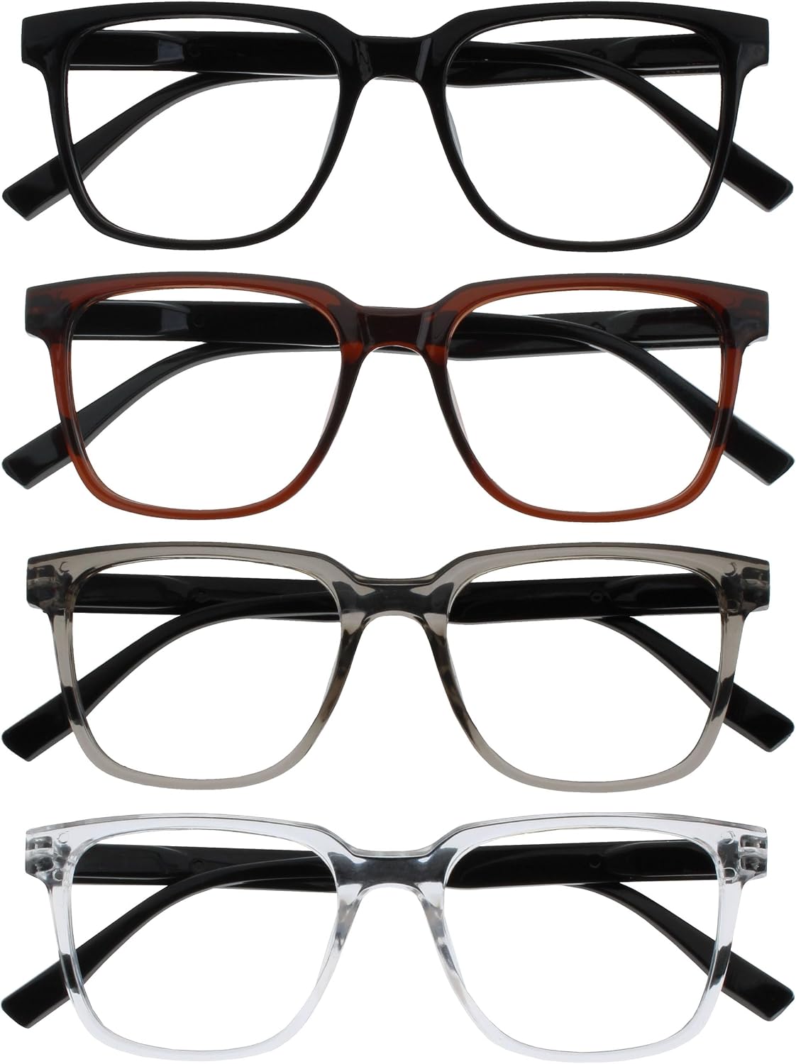 OPULIZE LEO Reading Glasses for Women Men, Large Rectangular Frame with Spring Hinges, Black Brown Grey Clear +2.50 (Pack of 4)