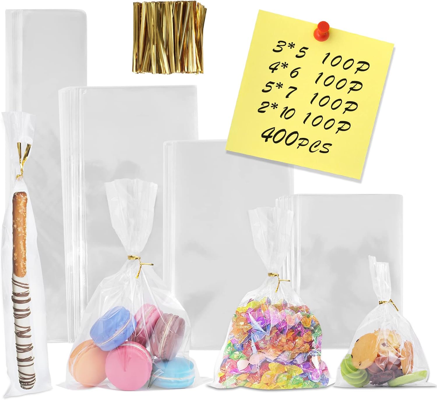 400 PCS Clear Flat Cellophane Treat Bags with 3x5",4x6",5x7",2x10",Treat Bags with Ties are Good for Pretzel Rods,Bakery, Cookies, Candies,Dessert.