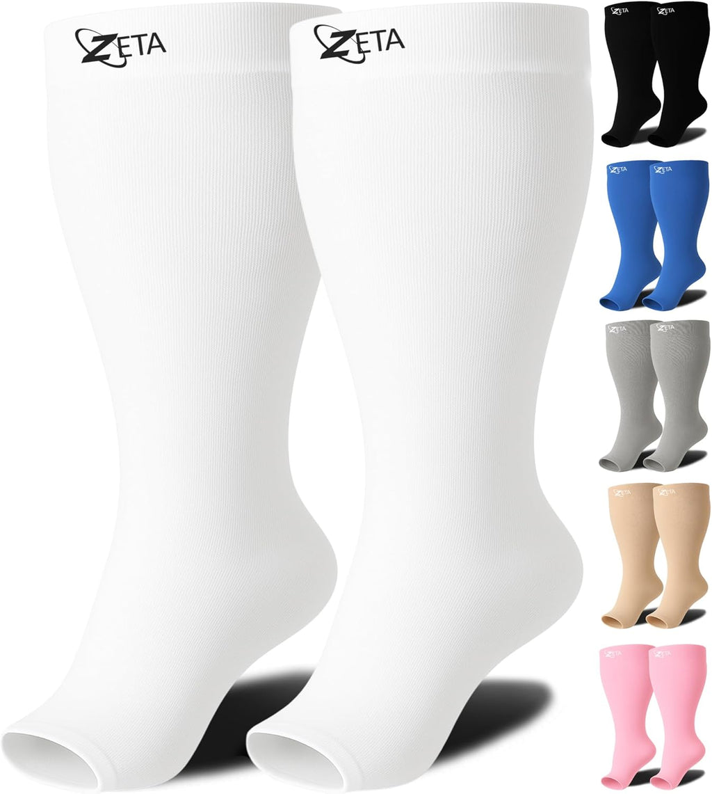 Zeta Wear Plus Size Open Toe Compression Socks 15-19 mmHg - Wide Calf Support for Men & Women