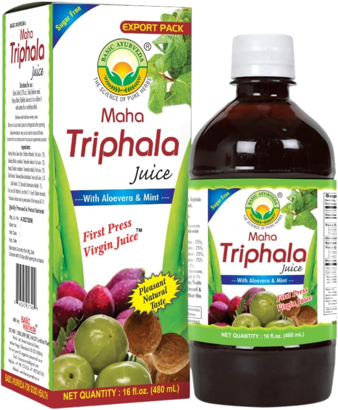 Basic Ayurveda Maha Triphala Juice | 16.23 Fl Oz (480ml) | Aloe Vera & Mint Herbal Blend | Natural Source of Vitamin C | Supports Digestion & Gut Health | No Added Sugar | Gluten Free & Vegan