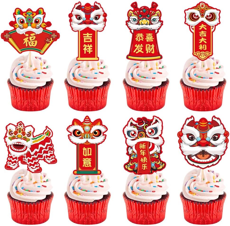 Chinese New Year Cupcake Toppers, 24 Pieces Dessert Cake Decorations for Spring Festival, Lunar New Year Party Supplies