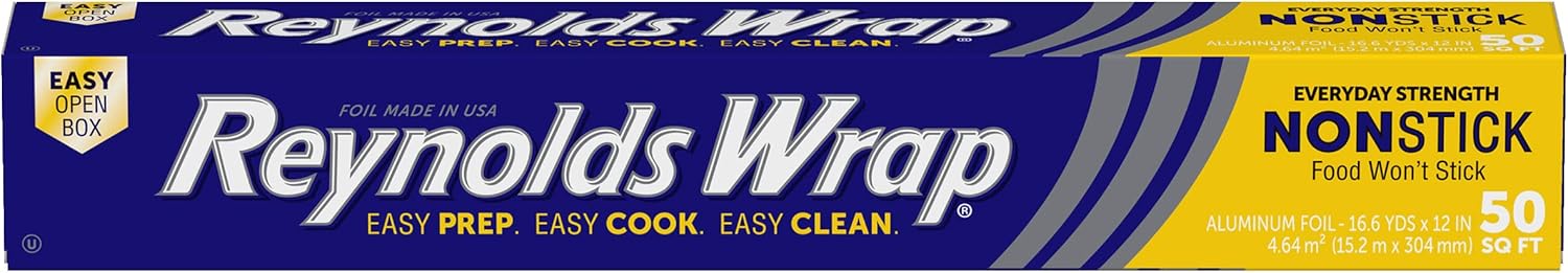 Reynolds Wrap Non-Stick Aluminum Foil Roll, Non-Stick Foil for Cooking, Freezer Safe, Features a Secure Easy Open and Close Tab, 12 Inches Wide, 50 Total Sq. Ft.