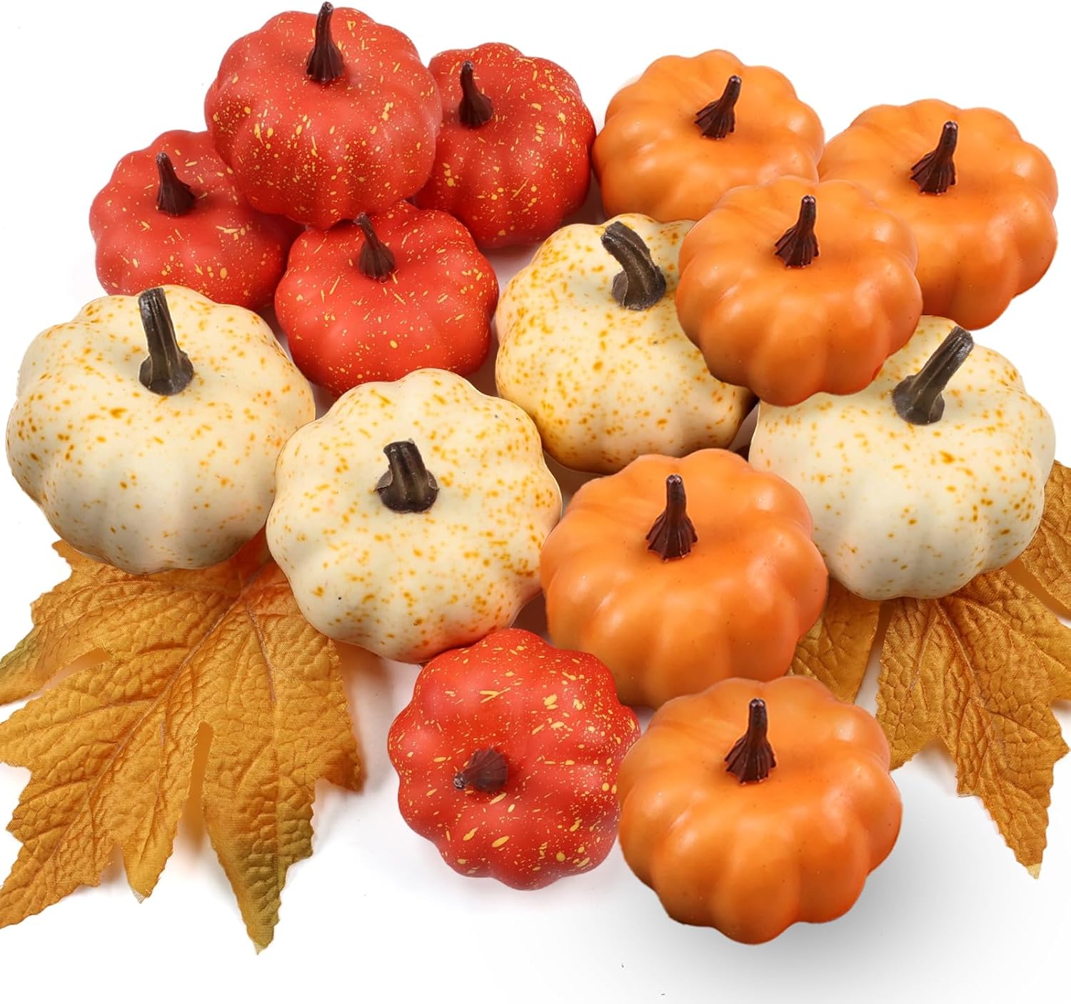 16PCS Artificial Mini Fake Pumpkins Set with Fall Leaves，Foam Plastic Carvable DIY Small White Craft Pumpkins Decor for Thanksgiving Halloween Home Fall Porch Table Decor