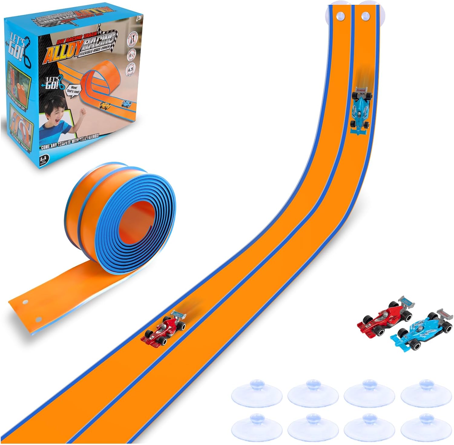 Flexible Race Track for Kids - 15Ft Flex Race Car Track| Rolls Up Portable DIY Racetrack Compatible with Hot Wheels & Diecast 1/64th Cars | Christmas Birthday Gifts for Boys Girls Ages 3+ (Orange)