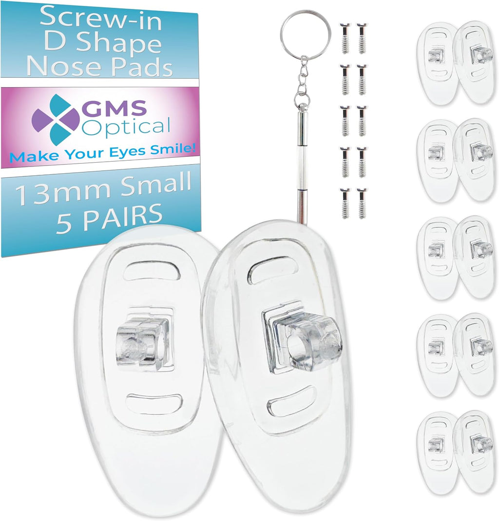 GMS Optical Small Screw-In D-Shaped Nose Pads for Glasses - Non Slip Silicone Nose Grips for Glasses, Sunglasses and Eyewear Eyeglass Accessories w/ Screws & Screw Driver - 5 Pairs, Clear