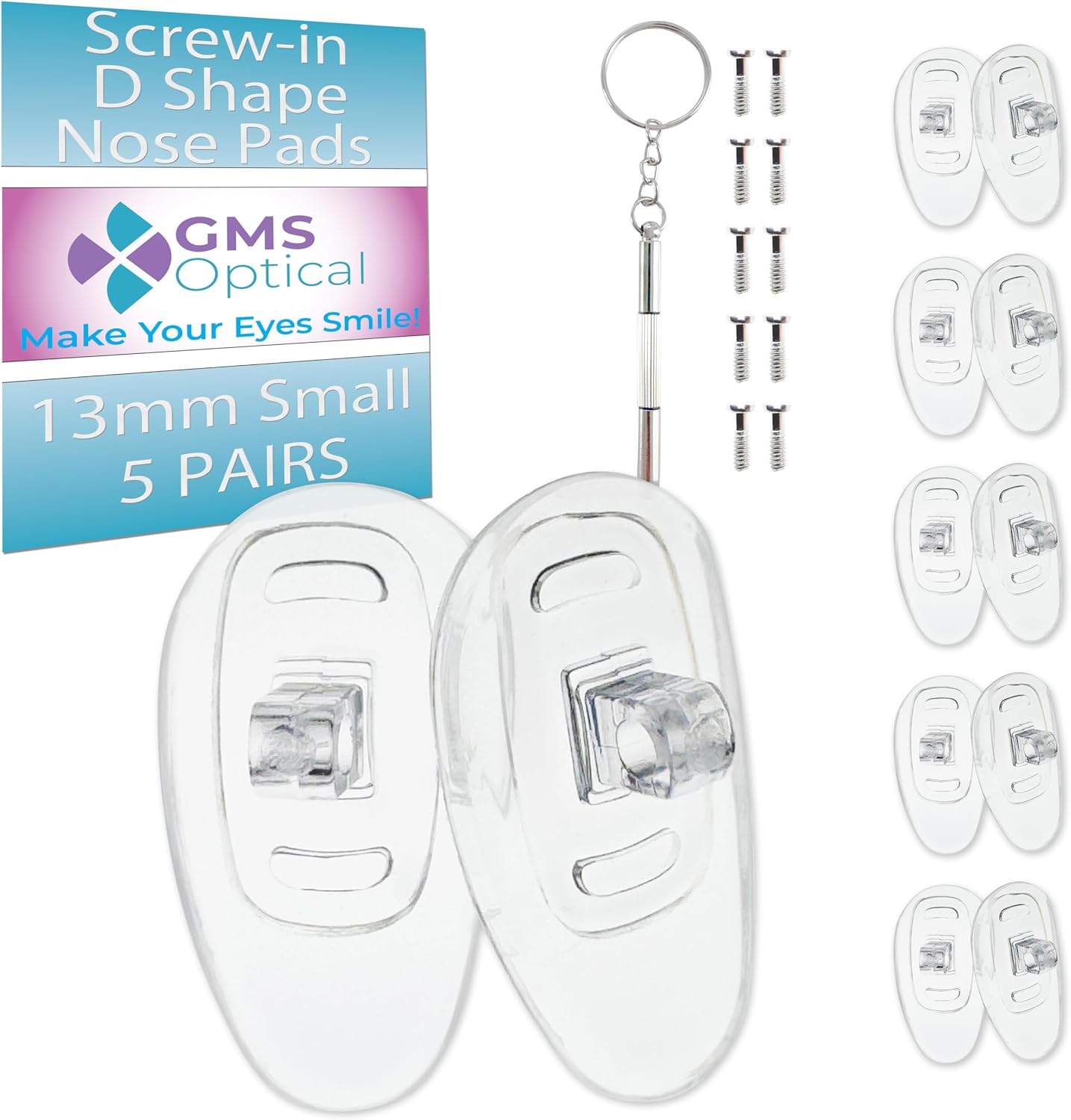GMS Optical Small Screw-In D-Shaped Nose Pads for Glasses - Non Slip Silicone Nose Grips for Glasses, Sunglasses and Eyewear Eyeglass Accessories w/ Screws & Screw Driver - 5 Pairs, Clear