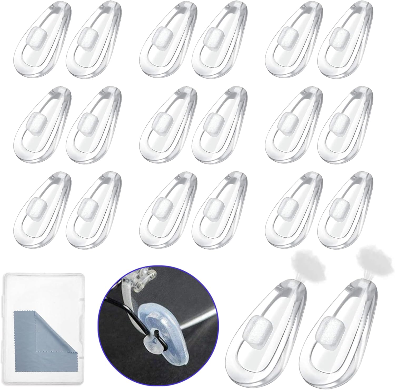 Eyeglass Nose Pads with Push-in, 10 Pairs Soft Silicone Air Chamber Glasses Nose Pad Replacement Kit, Anti Slip Nose Piece/Nose Pads for Glasses Eyeglasses Sunglasses Glasses Cleaning Cloth