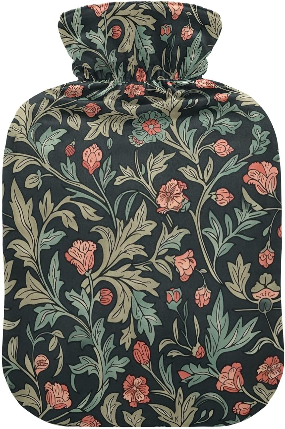 Retro Sage Green Red Floral Hot Water Bottle with Cover, 2Liter Soft Velvet Winter Warm Water Bag for Neck and Shoulder Pain Relief Period Cramps Bed Hand Feet Warmer