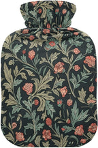 Retro Sage Green Red Floral Hot Water Bottle with Cover, 2Liter Soft Velvet Winter Warm Water Bag for Neck and Shoulder Pain Relief Period Cramps Bed Hand Feet Warmer