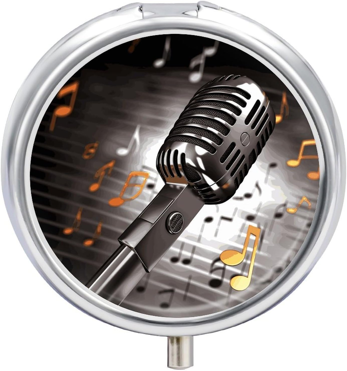 Microphone with Music Notes Pill Box Portable Mini Travel Pill Organizer Holder 3 Compartment Decorative Round Pills Case Exquisite Daily Vitamin Container for Cod Liver Oil