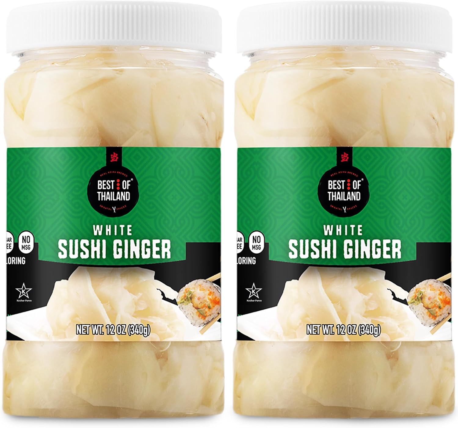 Best of Thailand Japanese White Pickled Sushi Ginger | No MSG | 2 Jars of 12oz Fresh Sliced Young Gari Pickled Ginger in All Natural, Sweet Pickling Brine with Color | Fat-Free, Sugar-Free, Kosher