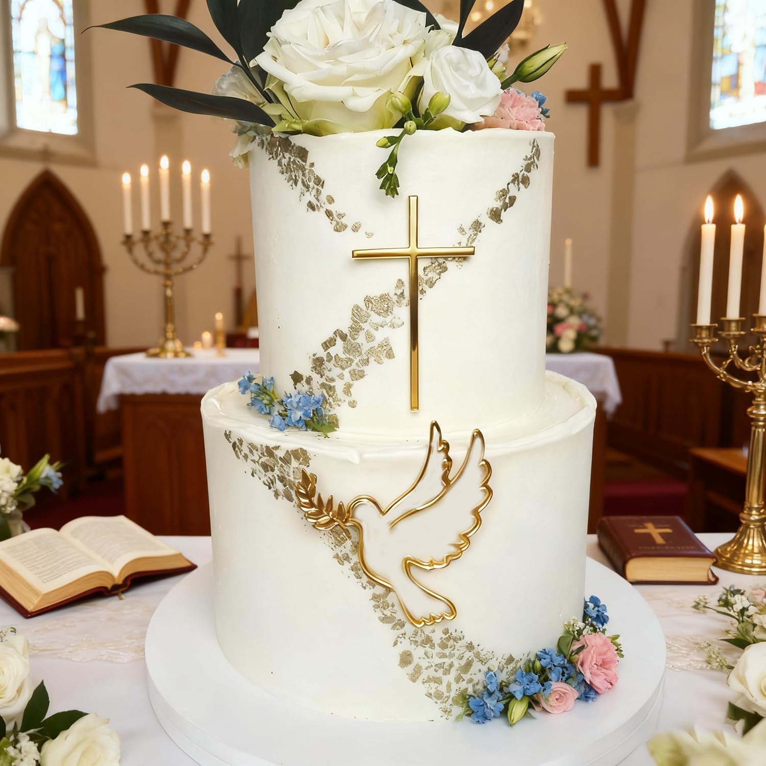 Gold Religious Cake Topper Set, 2 Piece Acrylic Cross Peace Dove Cake Side Decoration for Christening Baptism Communion Holy Theme Cake Charm Party Supplies