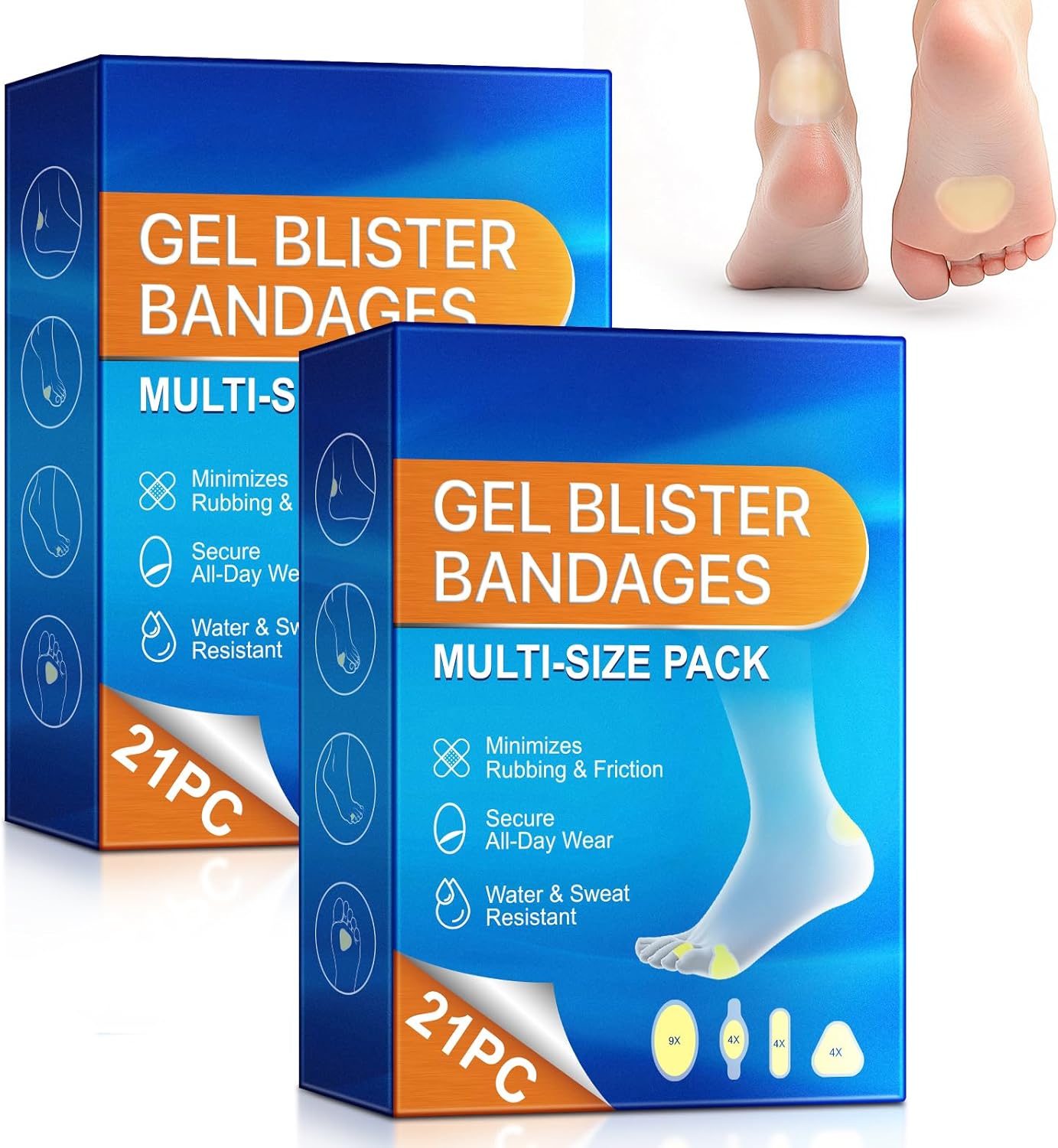Blister Bandages for Feet, Hydrocolloid Blister Prevention Pads, Waterproof Cushioning Gel Tape for Running, Hiking, Heel, Ankle, Blister Prevention & Recovery, 2 Pack(42PCS)
