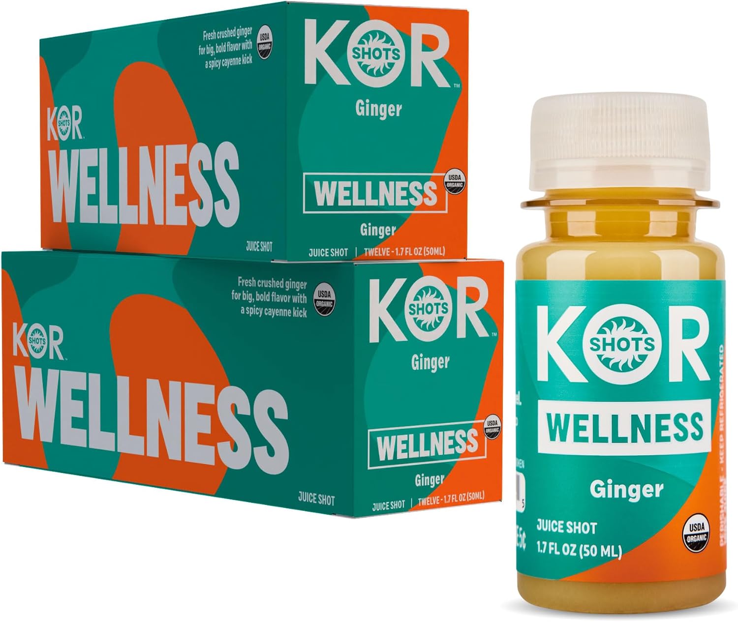 Kor Shot Ginger Shot - 24 Pack x 1.7 Fl Oz - Wellness Shot - Freshly Pressed Ginger and Cayenne Natural Energy Boost Shot - USDA Certified Organic