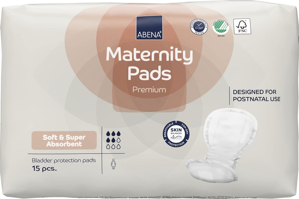 Abena Premium Maternity Pads for Postpartum and After-Delivery Incontinence, Super Absorption, Soft Disposable Pads - 15 Count