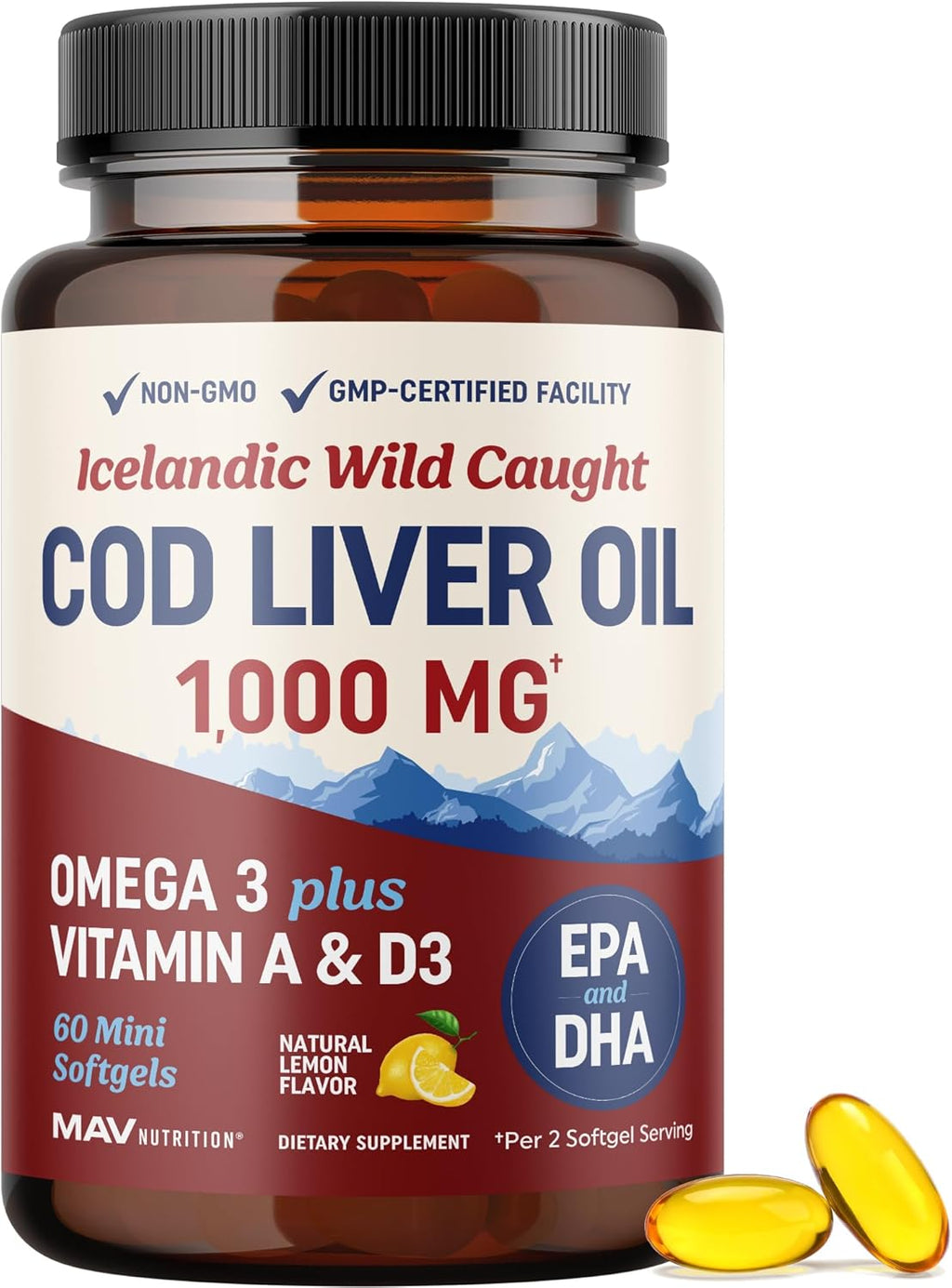 Cod Liver Oil Softgels 1000MG | Omega 3 + Vitamin A & D3 | Wild Caught Cod Liver Oil, Icelandic Sourced & Molecularly Distilled | EPA DHA Omega 3 Supplement for Bone & Immune Health | 60 Ct