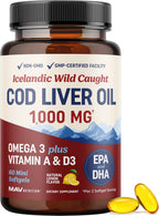 Cod Liver Oil Softgels 1000MG | Omega 3 + Vitamin A & D3 | Wild Caught Cod Liver Oil, Icelandic Sourced & Molecularly Distilled | EPA DHA Omega 3 Supplement for Bone & Immune Health | 60 Ct