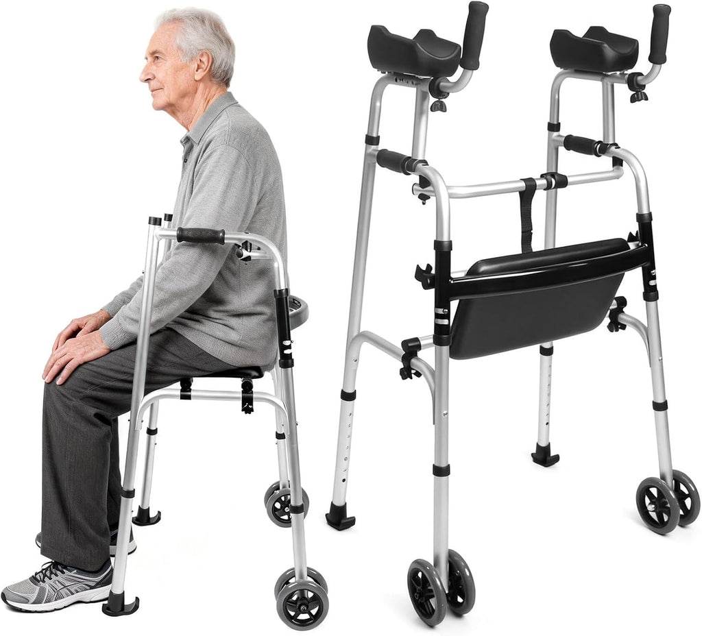 Upright Walker for Seniors with Padded Seat and Armrests - Heavy Duty 420 lbs Capacity Stand Up Walking Aid - 7-Level Height Adjustable Folding Walker with Wheels for Elderly
