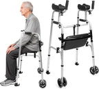 Upright Walker for Seniors with Padded Seat and Armrests - Heavy Duty 420 lbs Capacity Stand Up Walking Aid - 7-Level Height Adjustable Folding Walker with Wheels for Elderly