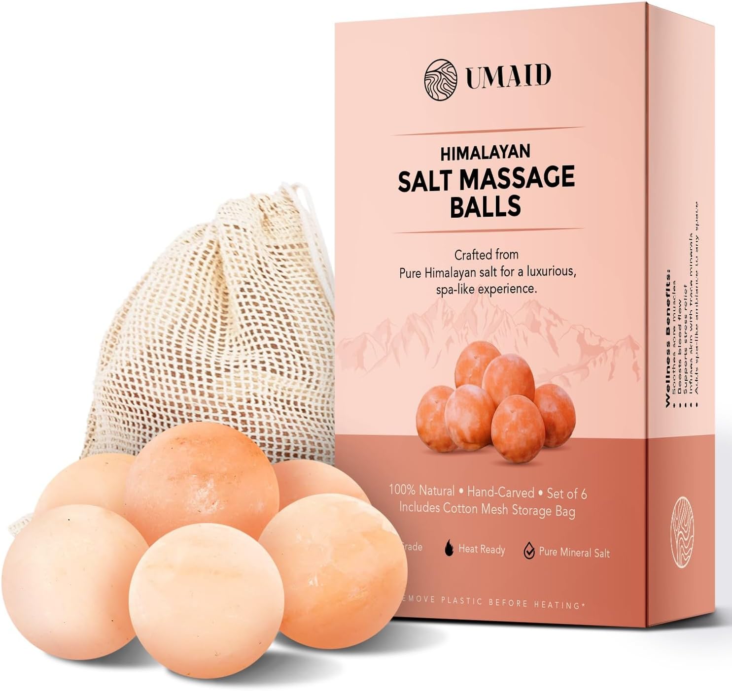 UMAID Himalayan Salt Massage Balls 6-Pack – Natural Himalayan Salt Massage Stones with Cotton Mesh Bag for Hot & Cold Muscle Relief, Spa Massage Therapy, Relaxation & Wellness Gifts for Men & Women