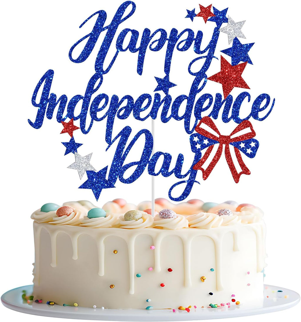 Happy Independence Day Cake Topper, 4th of July Cake Decorations, American National Patriotic Independence Day Party Decorations, Red White and Blue Glitter