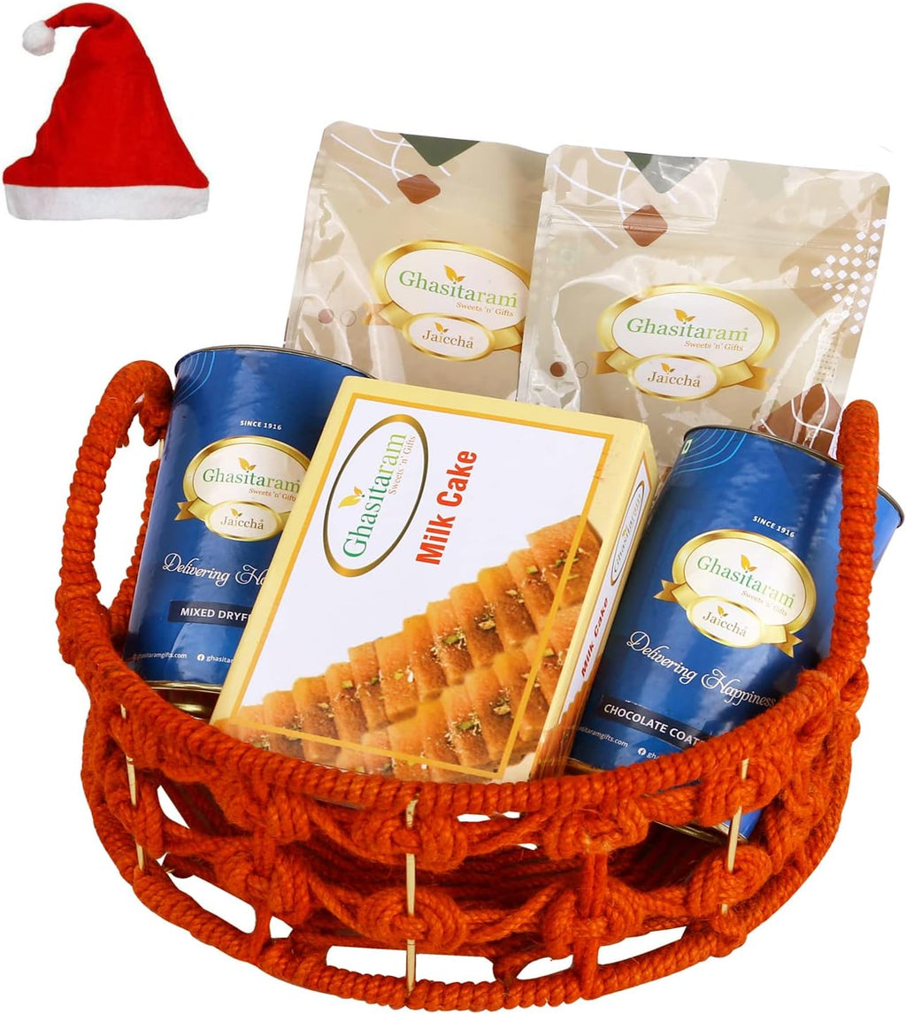Jaiccha Ghasitaram Christmas Gifts Orange Jute Basket of assortments with Milk Cake