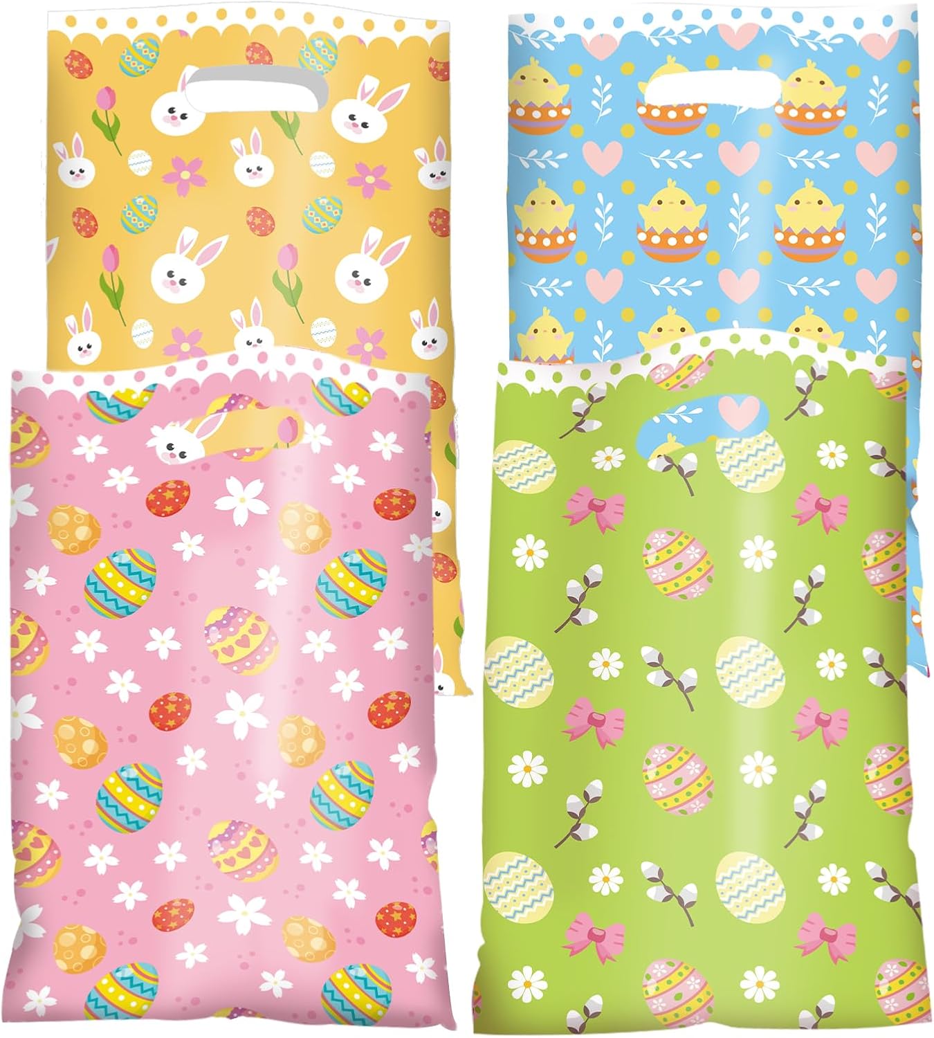 Jocomoni 100Pcs Easter Gift Bag Plastic Treat Bag with Handle Egg Bunny Candy Bags Colorful Goodie Bags for Easter Party Favor Supplies Classroom Gift Exchange