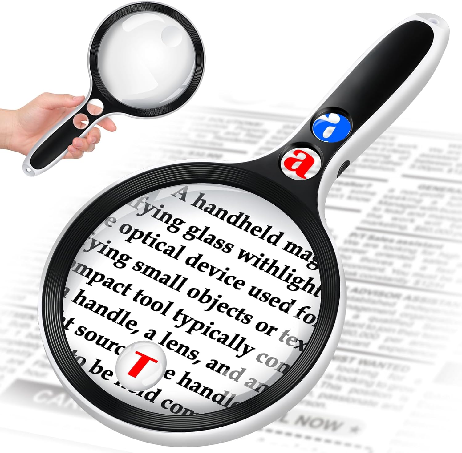 Large Magnifying Glass with Lights,10X 25X 45X 60X Handheld Lighted Magnifier, 5in Page Magnifier LED Lights, Magnifying Glass for Reading Small Prints & Low Vision Seniors with Aging Eyes