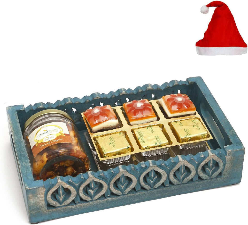Jaiccha Ghasitaram Christmas Gifts Blue Wooden Tray with Assorted Bites and Mix Dryfruits Jar
