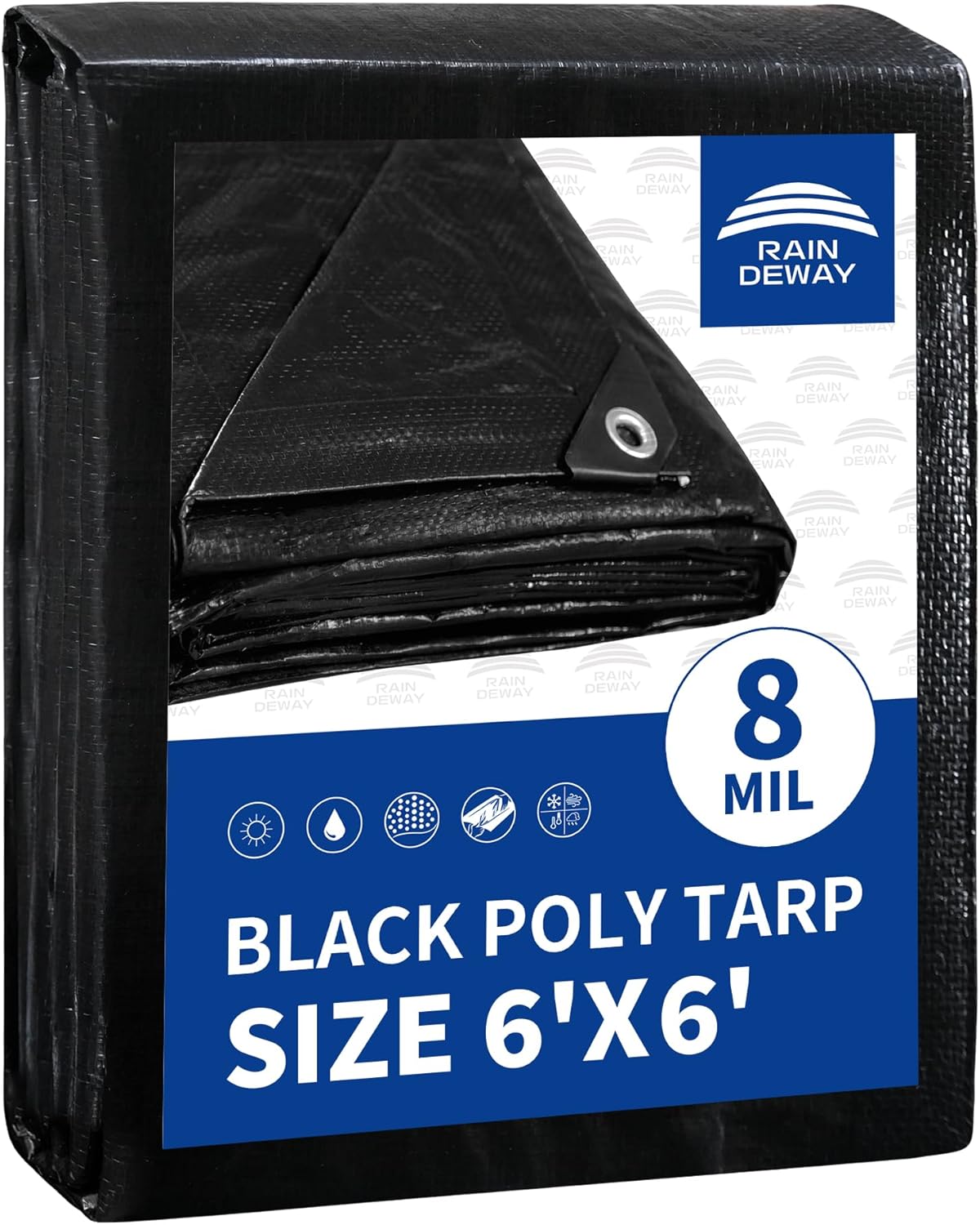 RAINDEWAY Small Black Tarp 6x6 Feet, UV Resistant, 8 Mil Multipurpose Medium Duty Waterproof Poly Tarp Cover with Metal Grommets and Reinforced Edges