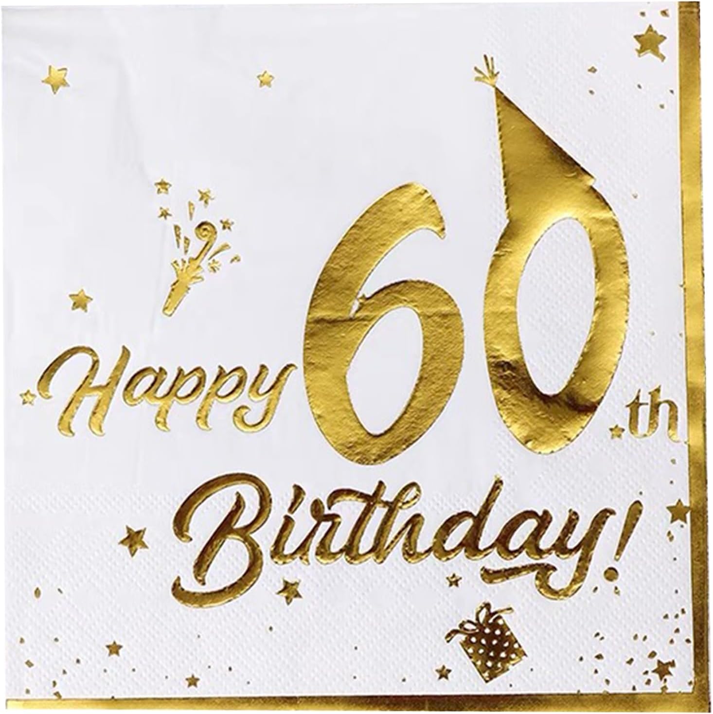 60th Birthday Napkins Gold - 40 Count 13 Inch Disposable Dinner Napkins for 60th Birthday Party Anniversary Decorations (White with Golden Foil)