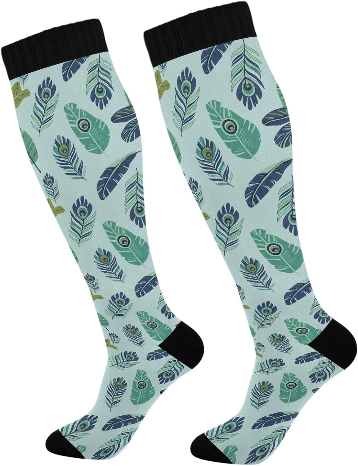 Green Peacock Feathers Compression Socks for Women and Men 20-30 mmHg Knee High Socks for Nurses Travel Socks 1 Pair