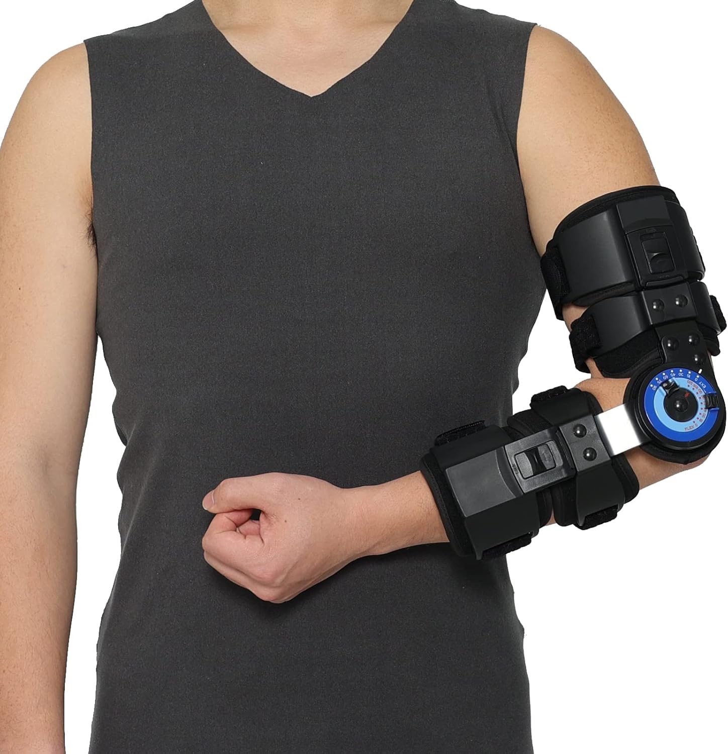 Orthomen Hinged ROM Elbow Brace - Adjustable Post OP Stabilizer for Surgery Recovery, Fracture & Tendon Repair Rehabilitation - Telescoping Arm Splint with Locking Hinges, Left