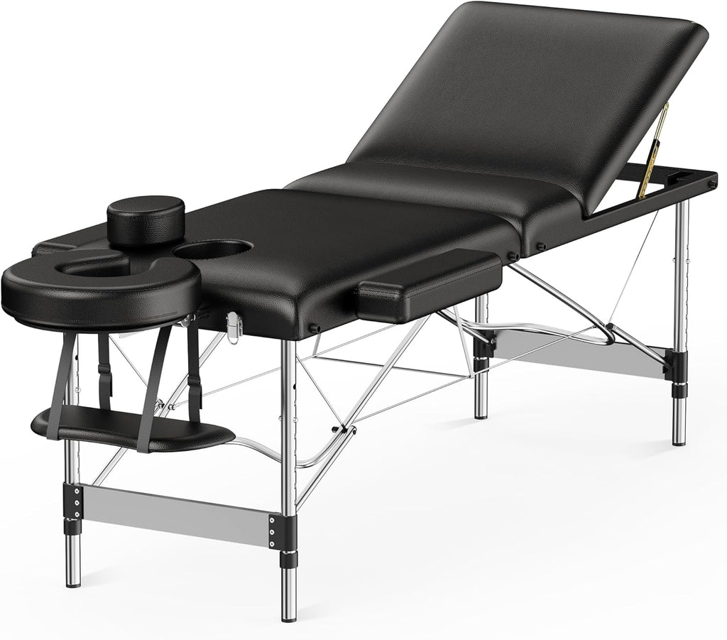 Brelley Massage Table Portable 84" Long 24" Wide Professional 3 Sections Reclining Massage Couch, Aluminum Adjustable Esthetician Bed Tattoo Table SPA Lash Salon Bed with Carrying Bag (Black)