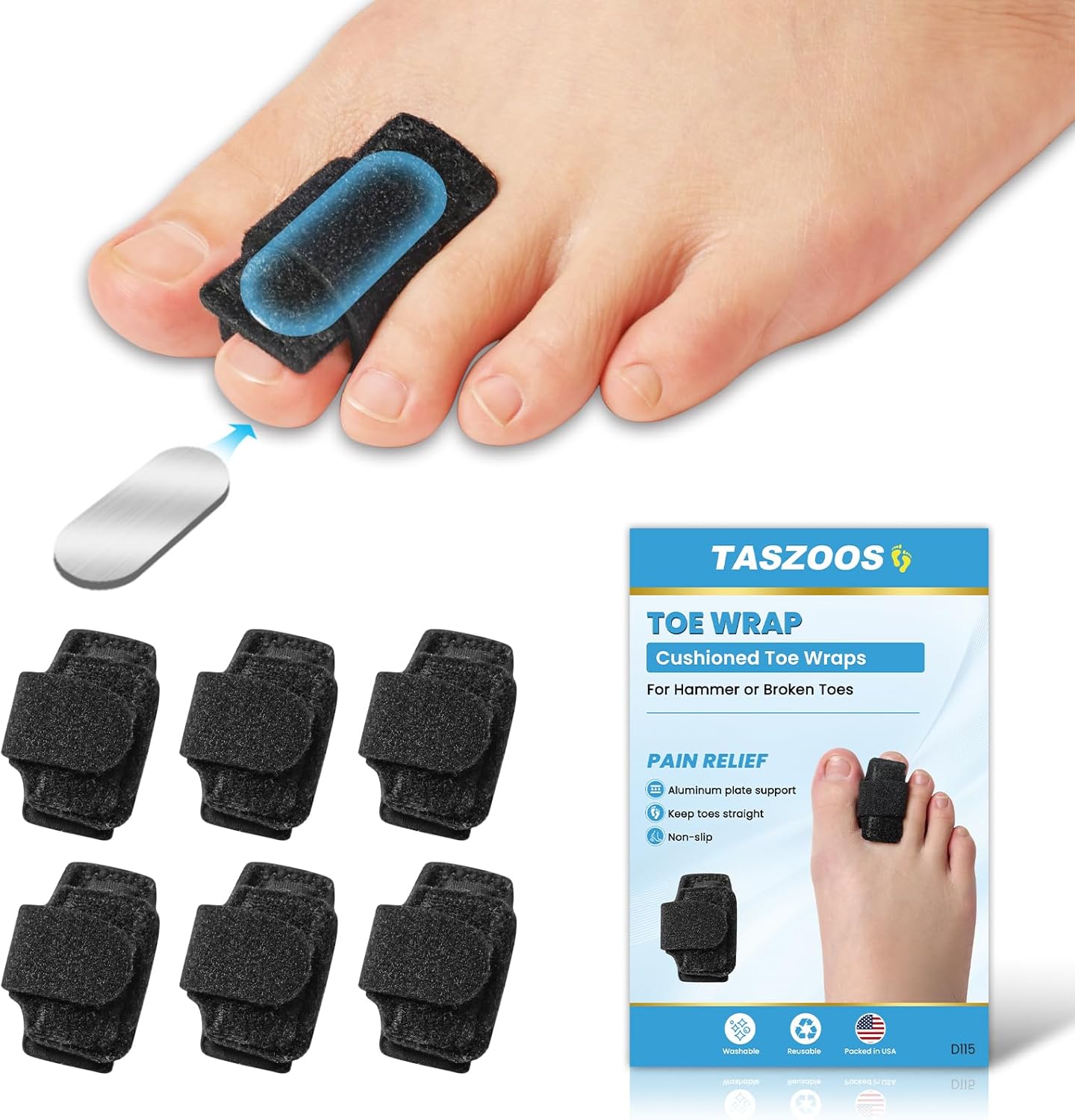 6pcs(Black) Hammer Toe Straightener Corrector for Women & Men - Hammer Toe Straightener with Aluminum Plate, Adjustable Toe Splints Wraps - Realign Bent, Curled, Crooked, Claw, Hammer Toes