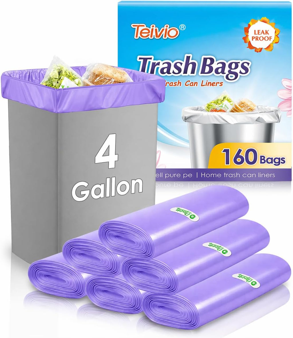 Teivio Small Trash Bags 4 Gallon 160 Counts Garbage Bags, Bathroom Trash Can Bin Liners, Small Plastic Bags for home office kitchen, fit 12-15 Liter, 3,3.5,4.5 Gal, Purple