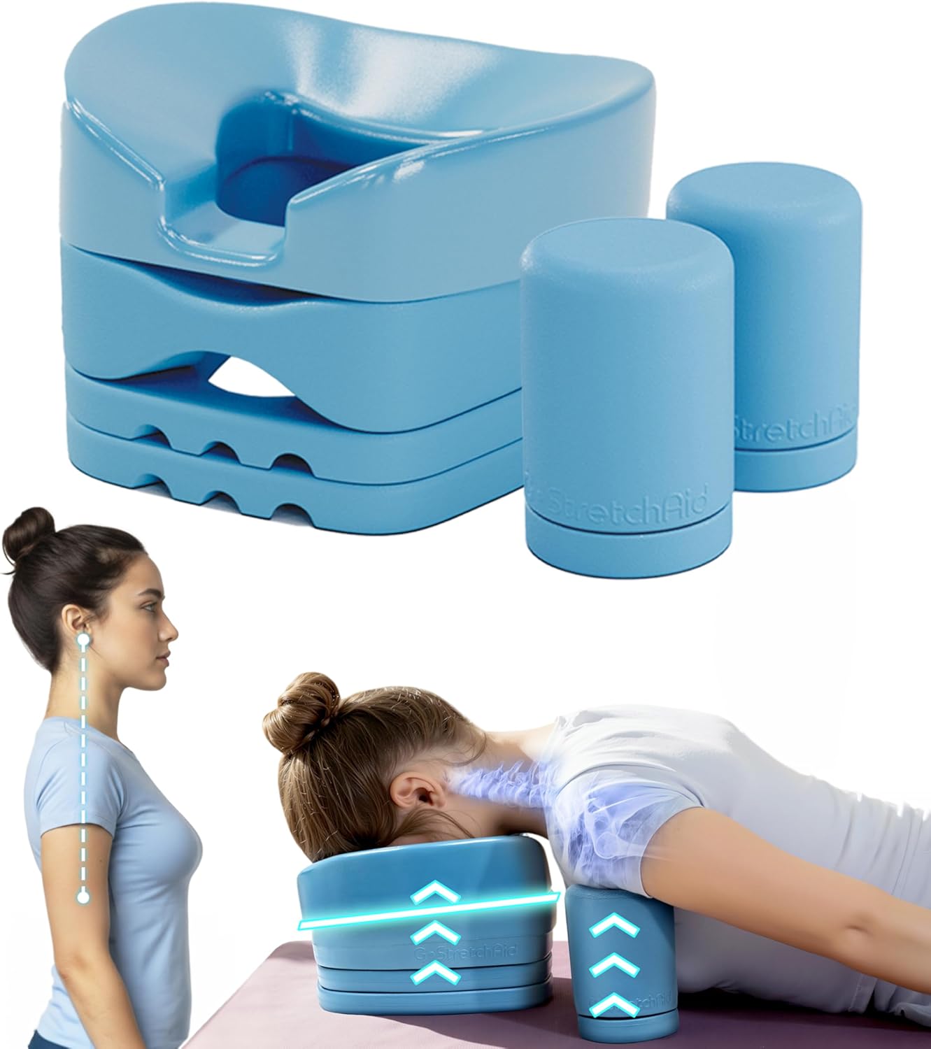 G.StretchAid Neck Hump Corrector, 5-in-1 Face-Down Posture Corrector for Tech Neck & Rounded Shoulders, Neck Stretcher, 4-Level Adjustable Cervical Support, Guided Chin-Tuck, Travel Case