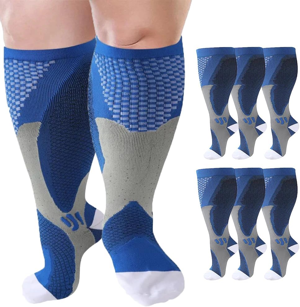 6 Pairs Plus Size Compression Socks Wide Calf for Men Women 20-30mmhg for Running Travel Flight Teachers